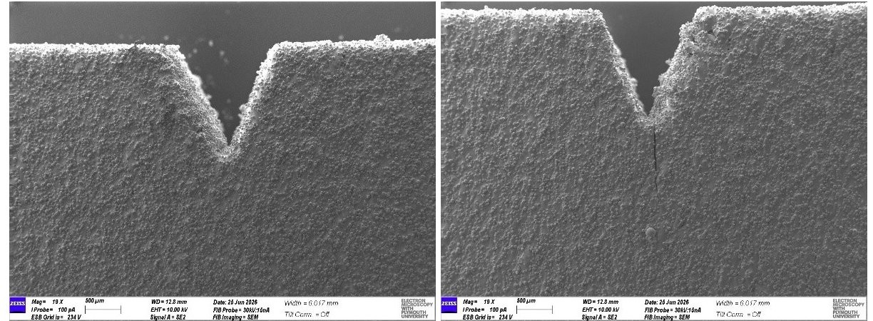 Electron microscopy comparison of the uncracked and cracked notch in the Project AMSCALE titanium component